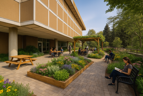Mockup photo of PGPL deck with gardens and seating areas.